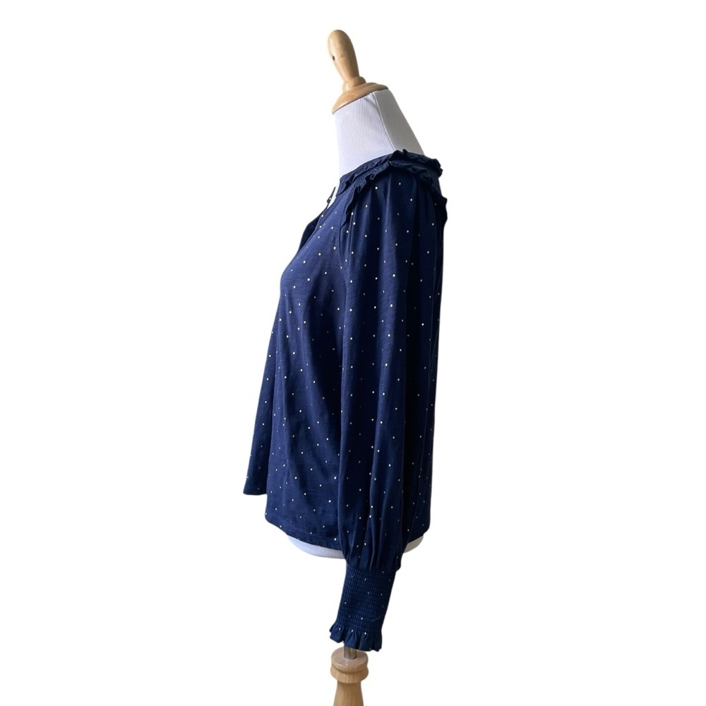 Boden Notch Neck Smocked Frill Top Cotton Blouse in Navy Gold Dot Size 6 T1034 - Picture 4 of 11